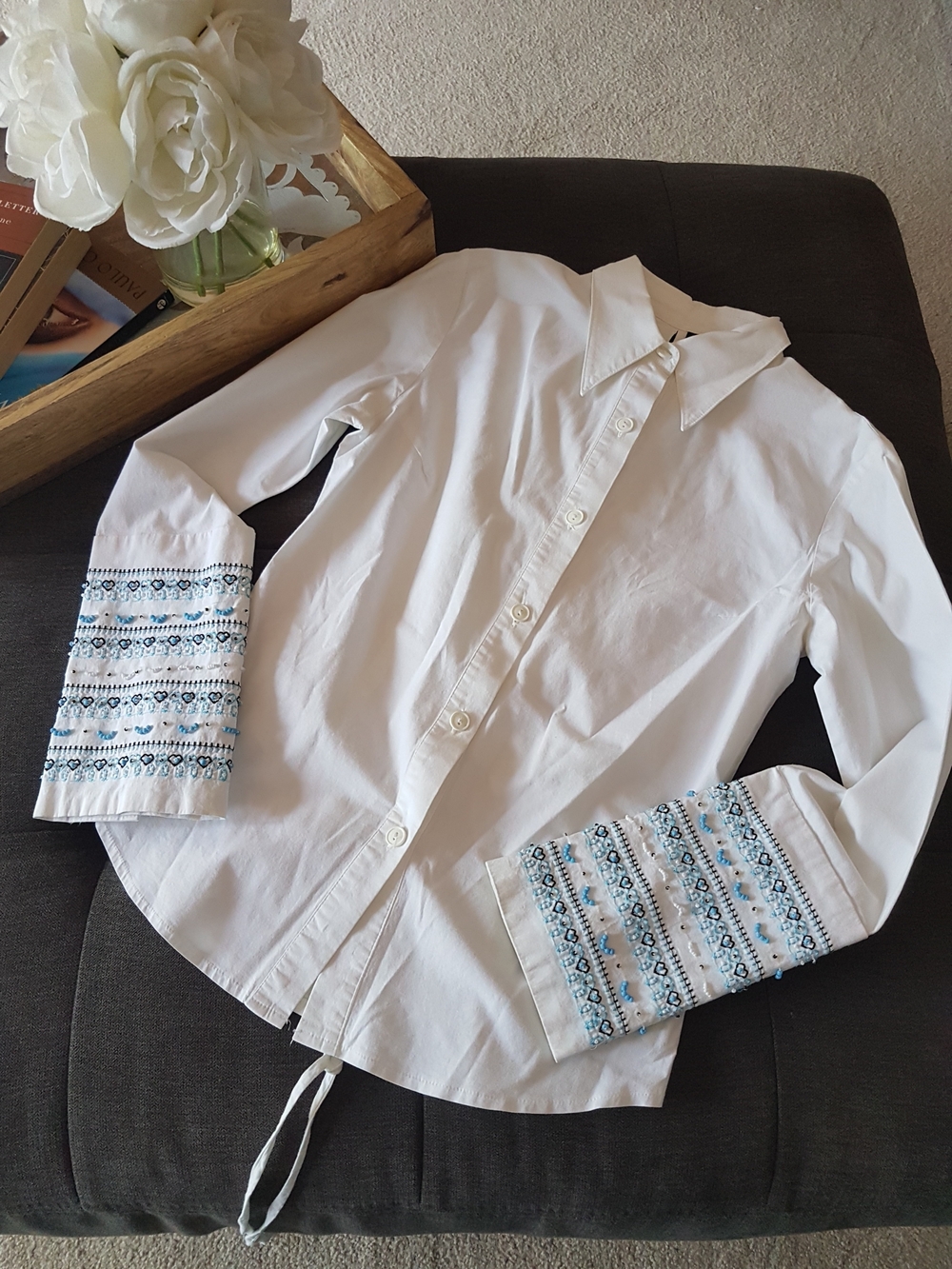 Lynne White Women's Button-Down Shirt with Blue Embroidered Cuffs & Lace-Up Back